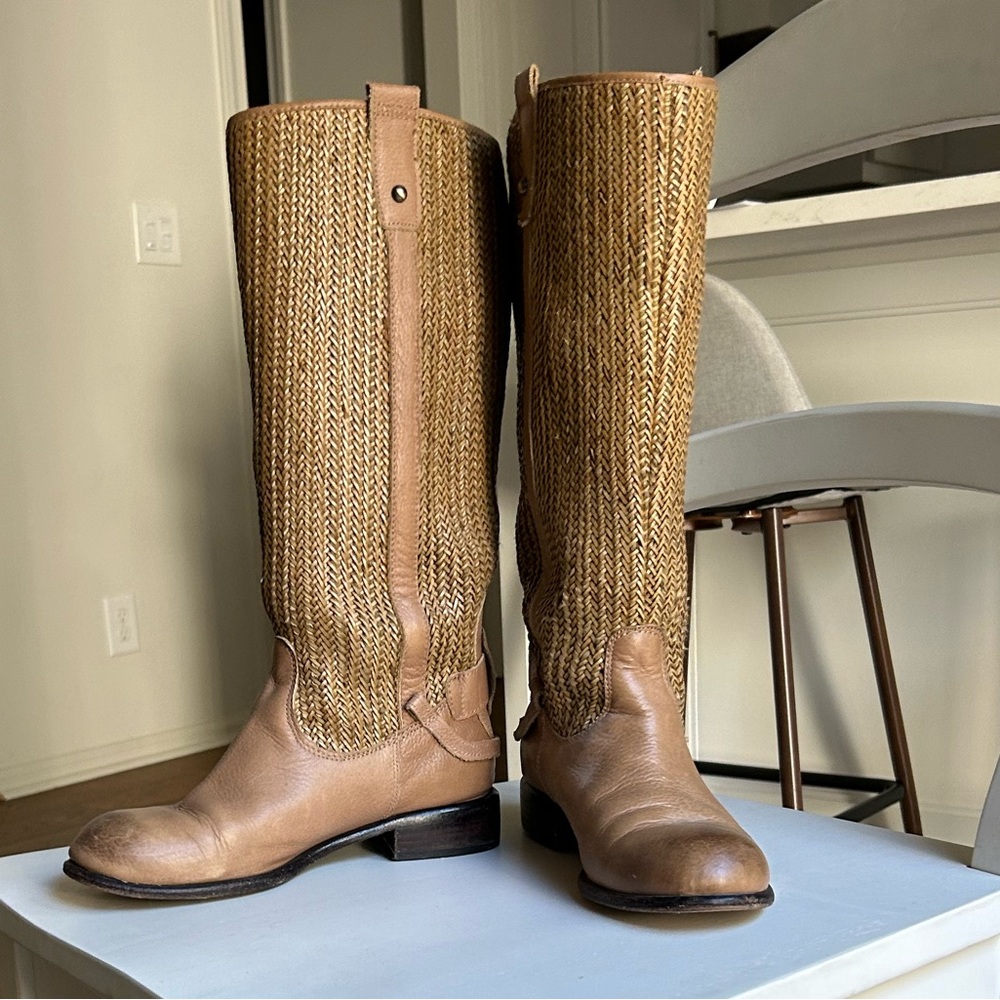Anthropologie leather boots with braided leather shaft, tan color, size 7